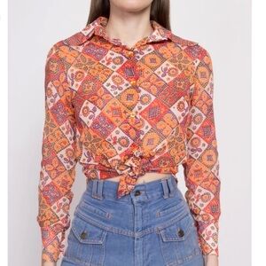 Vintage 70s 80s style Mosaic Floral Dog Ear Collar Geometric Blouse XS